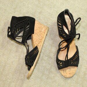 Dolce Vita Women's Sz 8 Black Lace Up Faux Suede Open Toe Cork Wedge Heels
